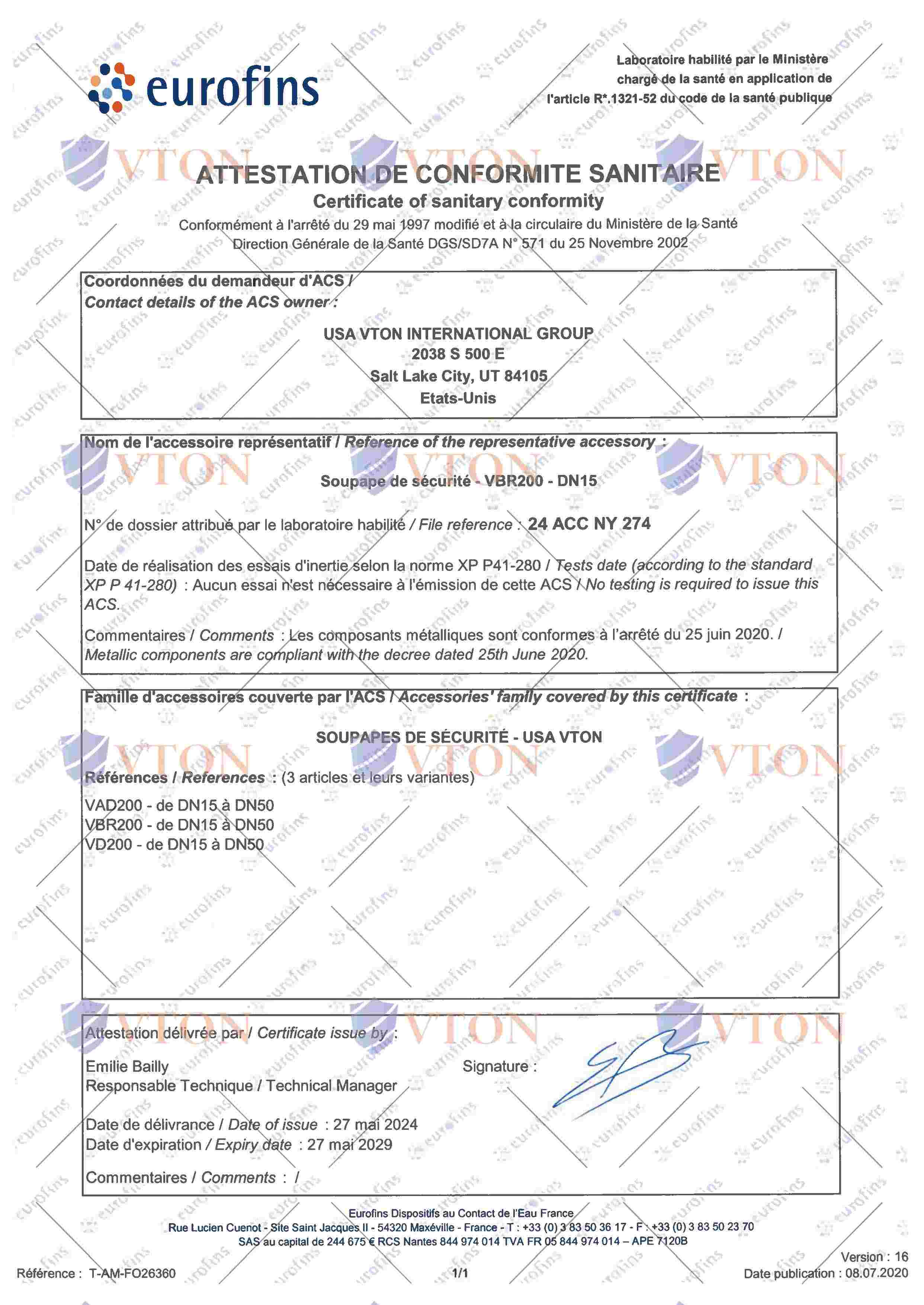 VTON威盾减压阀水产品合格证